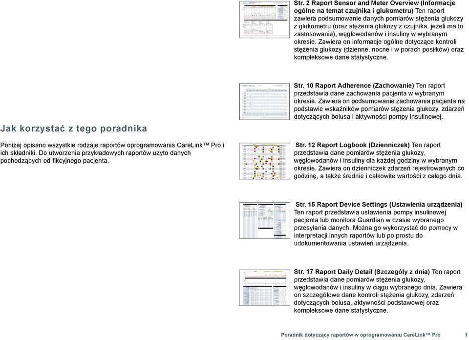 Zawiera on informacje ogólne dotyczące kontroli stężenia glukozy (dzienne, nocne i w porach posiłków) oraz kompleksowe dane statystyczne.