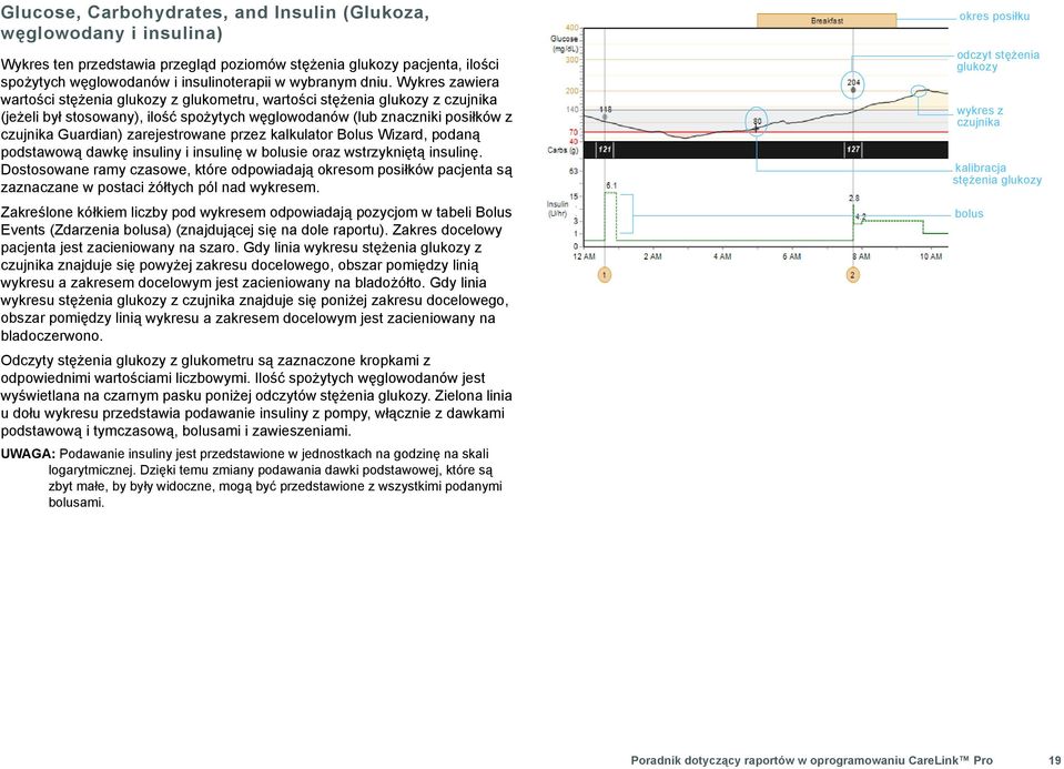zarejestrowane przez kalkulator Bolus Wizard, podaną podstawową dawkę insuliny i insulinę w bolusie oraz wstrzykniętą insulinę.