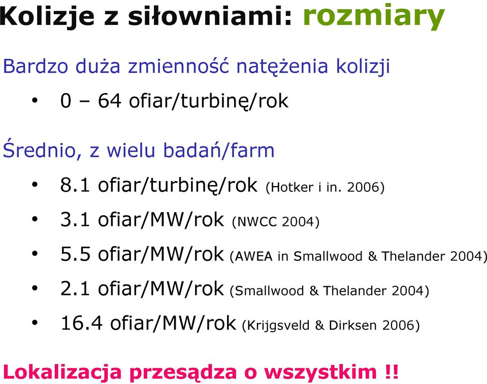 1 ofiar/mw/rok (NWCC 2004) 5.5 ofiar/mw/rok (AWEA in Smallwood & Thelander 2004) 2.