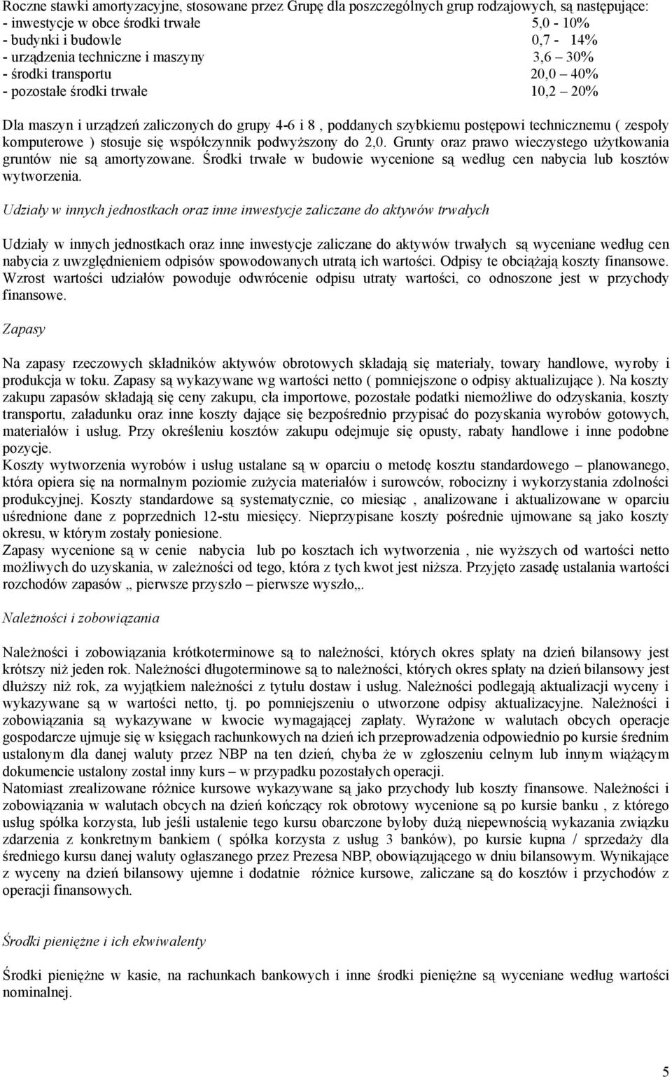 stosuje się współczynnik podwyższony do 2,0. Grunty oraz prawo wieczystego użytkowania gruntów nie są amortyzowane. Środki trwałe w budowie wycenione są według cen nabycia lub kosztów wytworzenia.