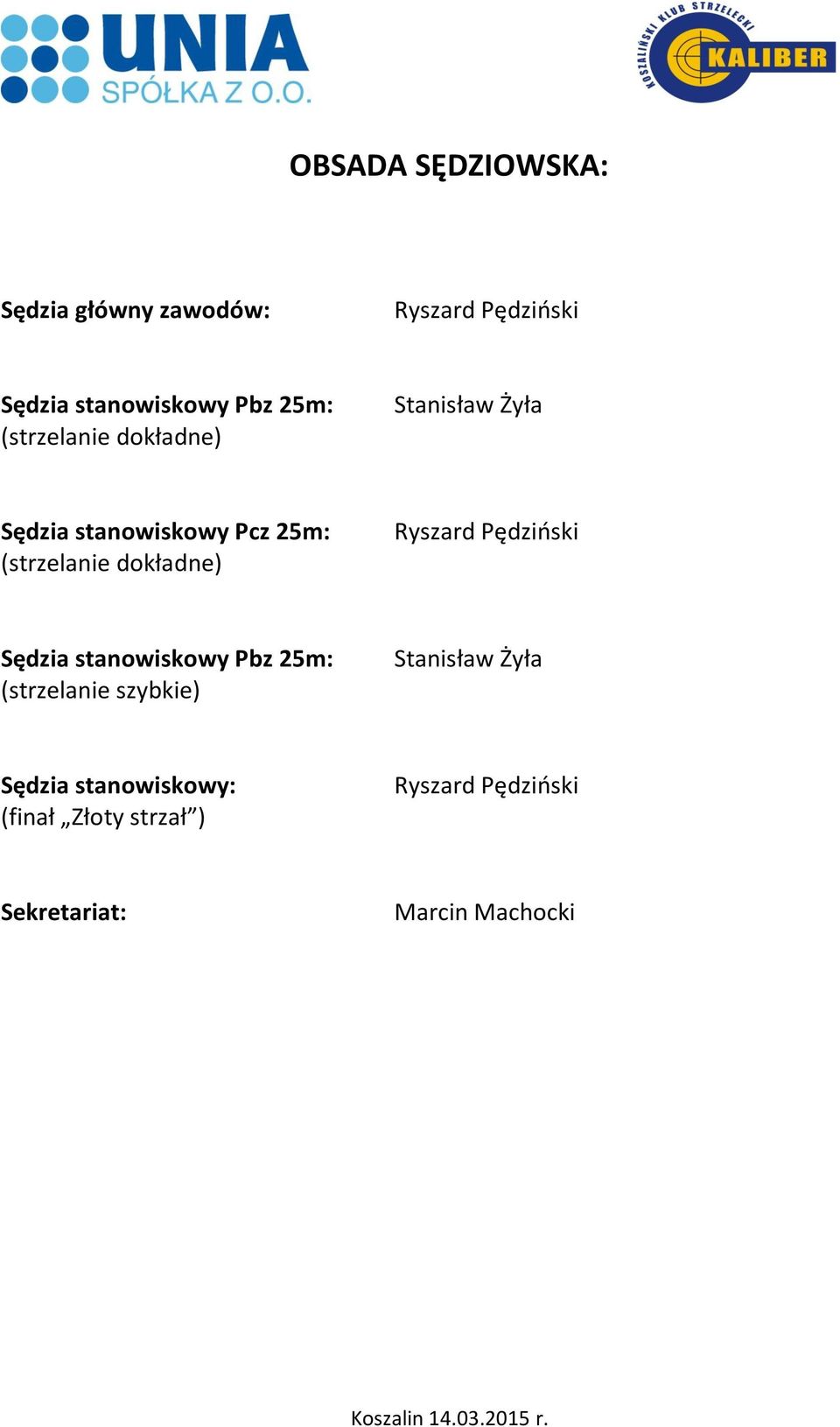 dokładne) Ryszard Pędziński Sędzia stanowiskowy Pbz 25m: (strzelanie szybkie) Stanisław