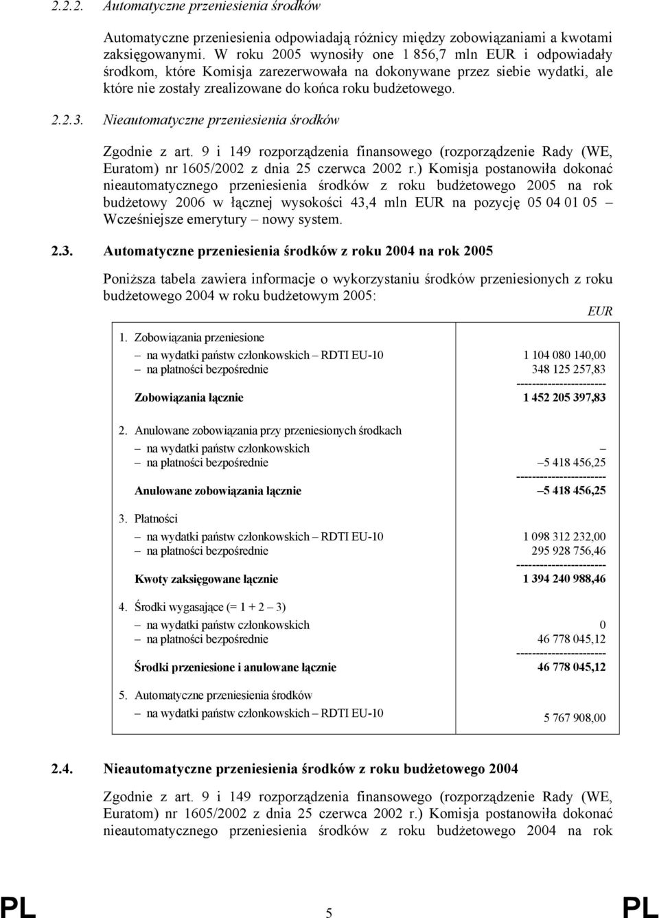 Nieautomatyczne przeniesienia środków Zgodnie z art. 9 i 149 rozporządzenia finansowego (rozporządzenie Rady (WE, Euratom) nr 1605/2002 z dnia 25 czerwca 2002 r.
