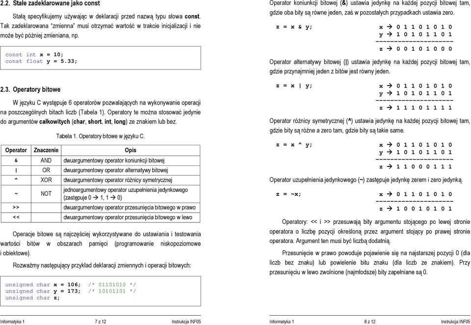 ; 2.3. Operatory bitowe W języku C występuje 6 operatorów pozwalających na wykonywanie operacji na poszczególnych bitach liczb (Tabela 1).