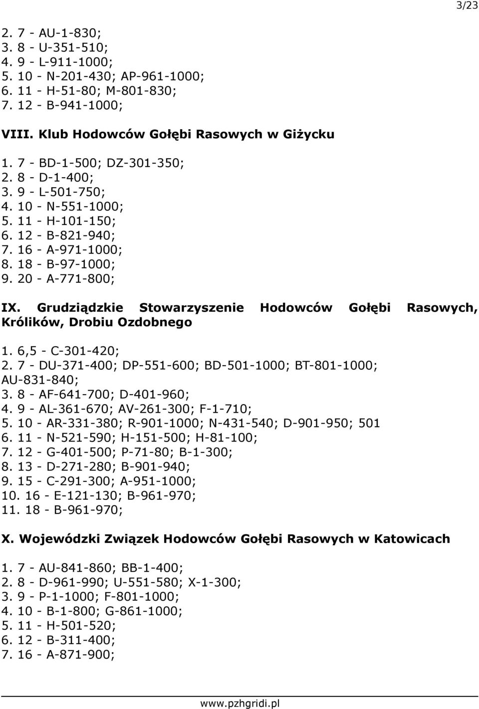 Grudziądzkie Stowarzyszenie Hodowców Gołębi Rasowych, Królików, Drobiu 1. 6,5 - C-301-420; 2. 7 - DU-371-400; DP-551-600; BD-501-1000; BT-801-1000; AU-831-840; 3. 8 - AF-641-700; D-401-960; 4.