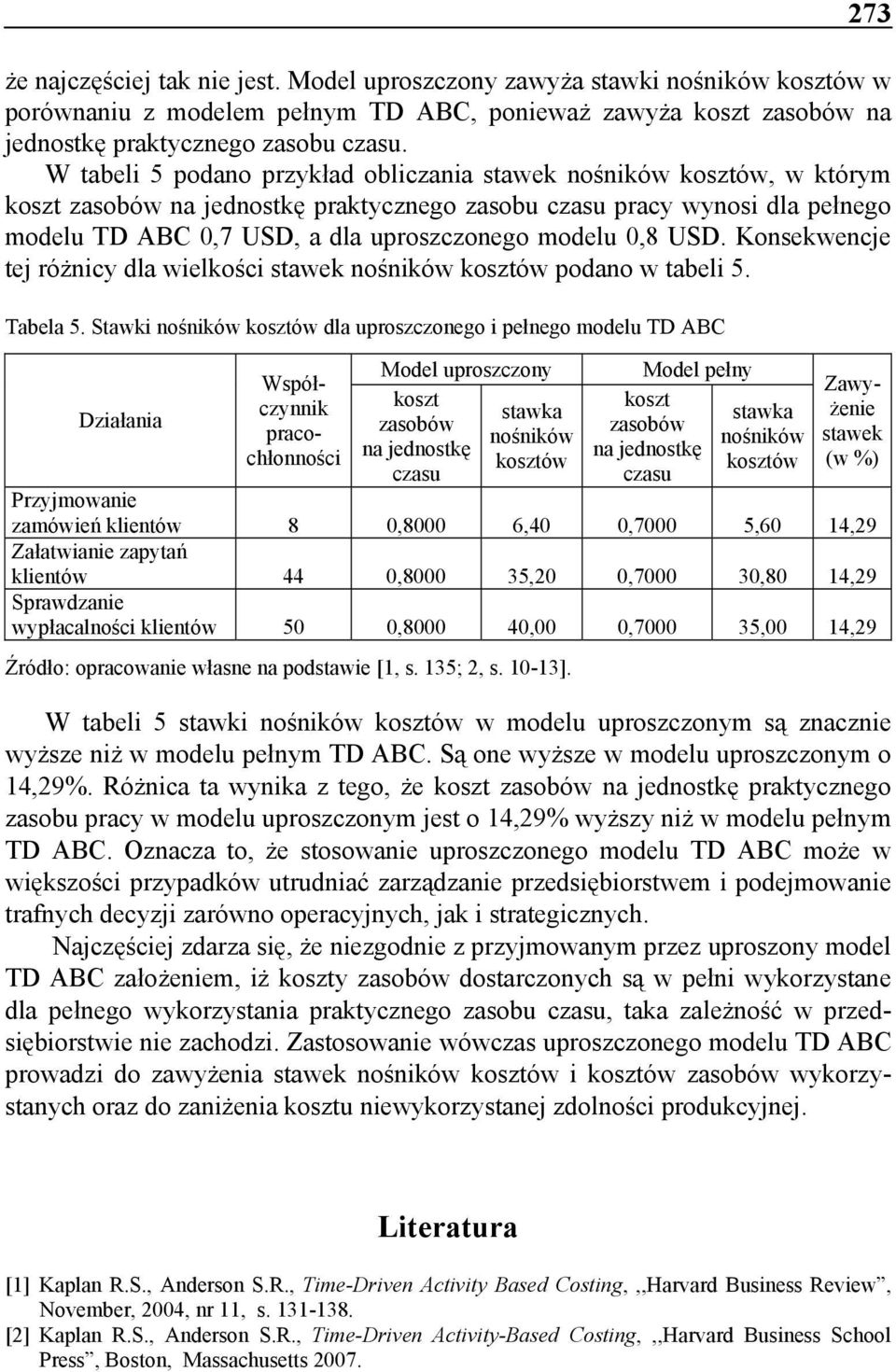 0,8 USD. Konsekwencje tej różnicy dla wielkości stawek nośników kosztów podano w tabeli 5. Tabela 5.