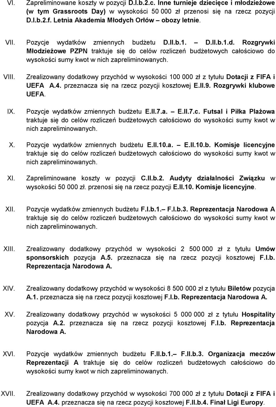 VIII. IX. Zrealizowany dodatkowy przychód w wysokości 100 000 zł z tytułu Dotacji z FIFA i UEFA A.4. przeznacza się na rzecz pozycji kosztowej E.II.9. Rozgrywki klubowe UEFA.