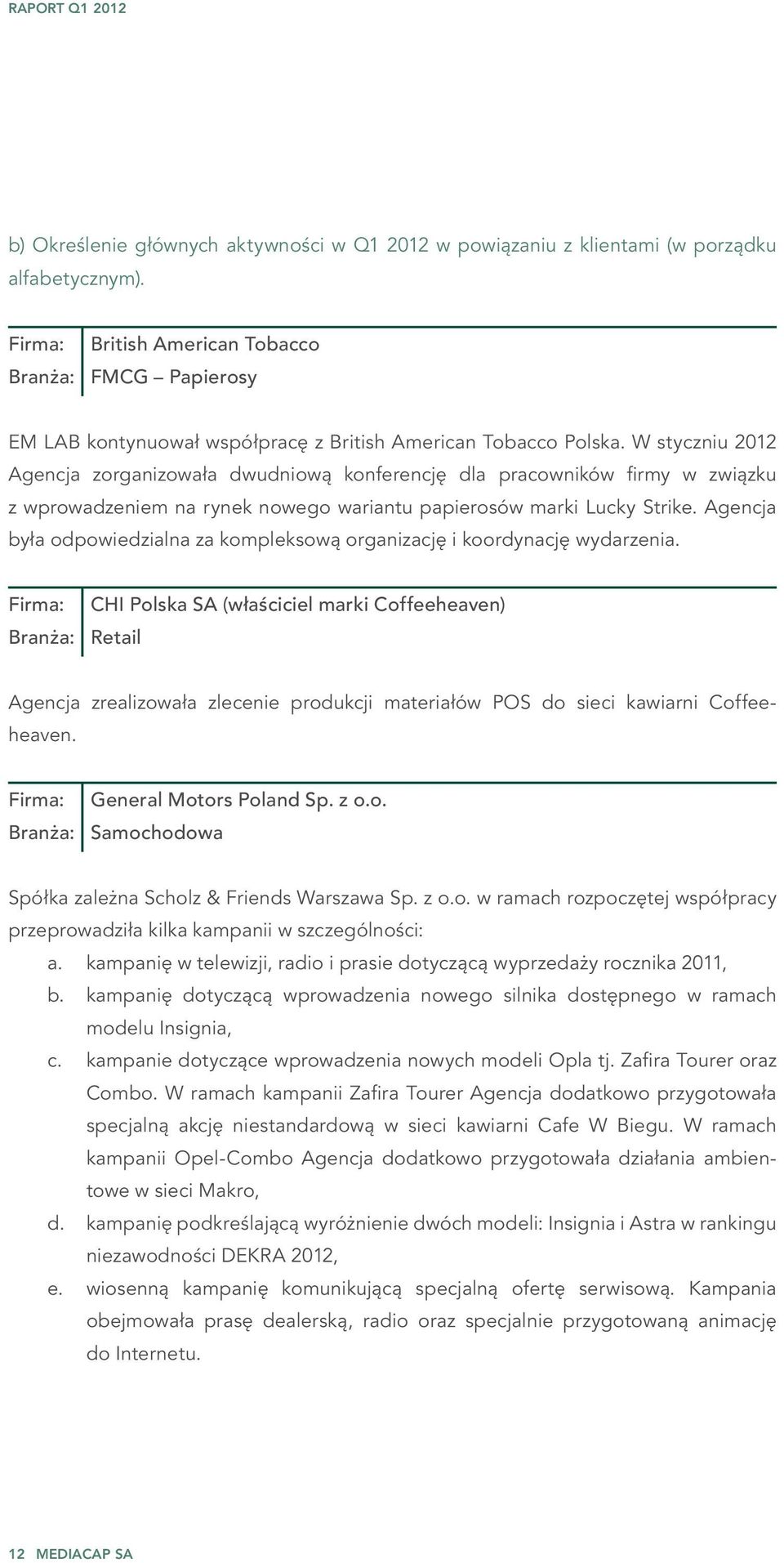 W styczniu 2012 Agencja zorganizowała dwudniową konferencję dla pracowników firmy w związku z wprowadzeniem na rynek nowego wariantu papierosów marki Lucky Strike.