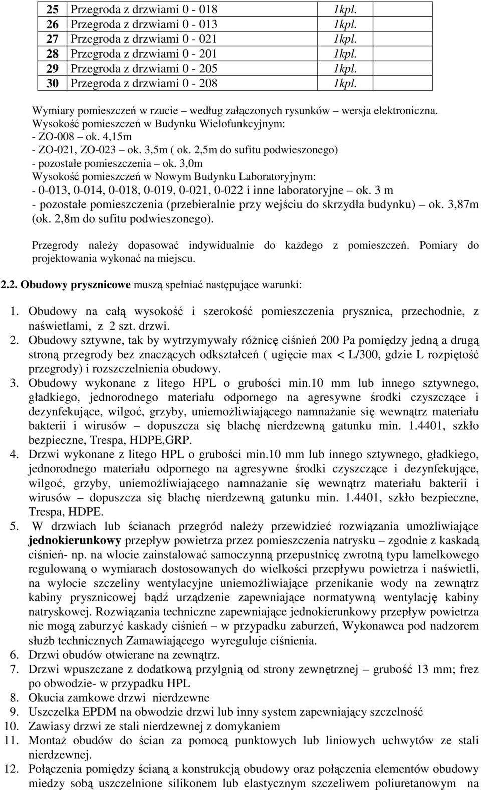 4,15m - ZO-021, ZO-023 ok. 3,5m ( ok. 2,5m do sufitu podwieszonego) - pozostałe pomieszczenia ok.