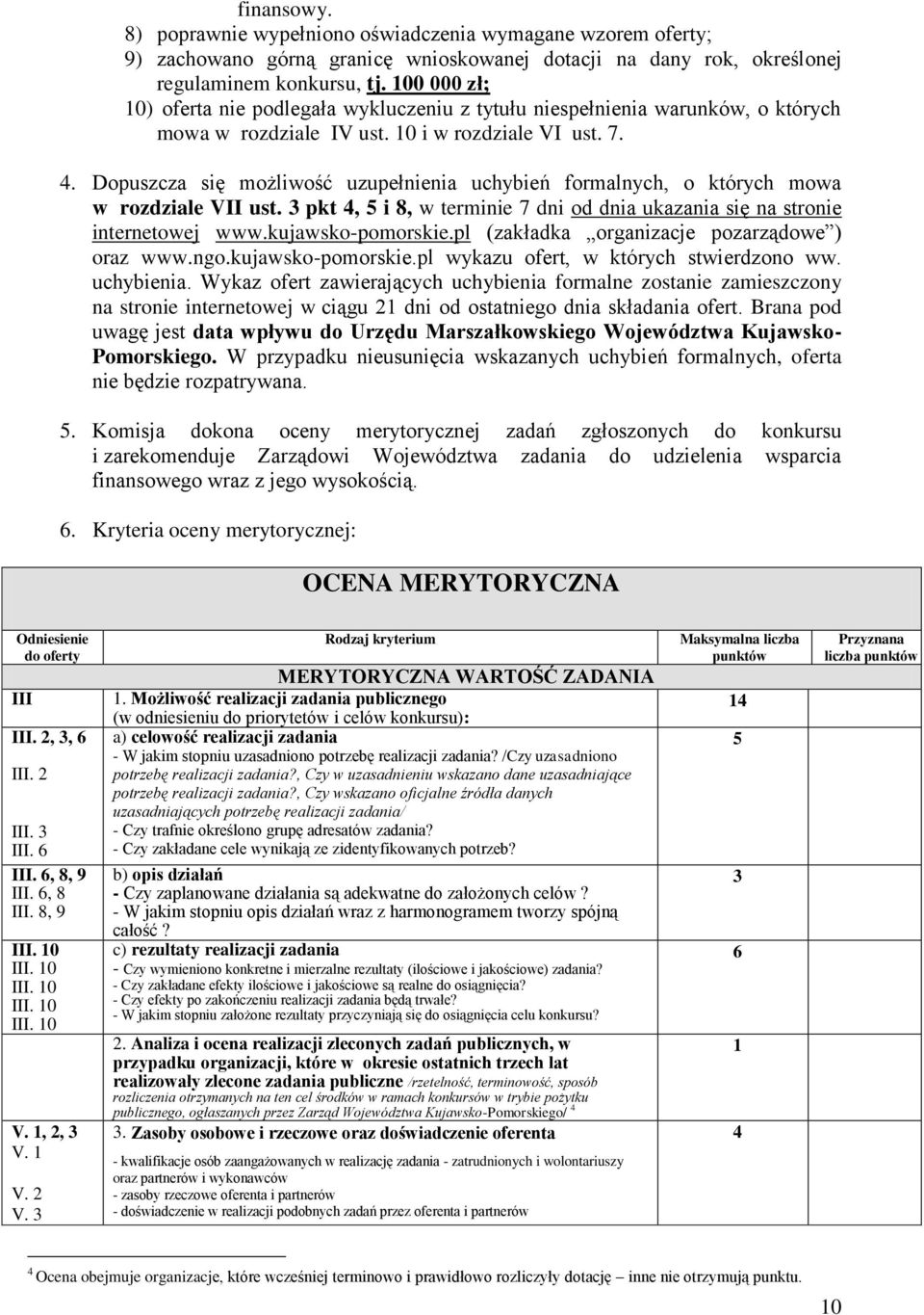 Dopuszcza się możliwość uzupełnienia uchybień formalnych, o których mowa w rozdziale VII ust. 3 pkt 4, 5 i 8, w terminie 7 dni od dnia ukazania się na stronie internetowej www.kujawsko-pomorskie.