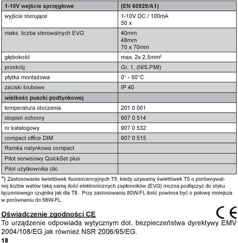 Ramka natynkowa compact Pilot serwisowy QuickSet plus Pilot użytkownika clic *) Zastosowanie świetlówek fluorescencyjnych T5: kiedy używamy świetlówek T5 o porównywalnej liczbie watów taką samą ilość