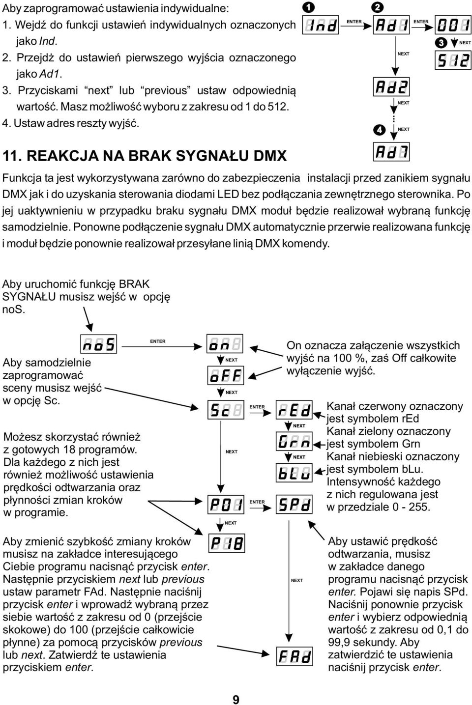 EAKCJA NA BAK SYGNAŁU DMX Funkcja ta jest wykorzystywana zarówno do zabezpieczenia instalacji przed zanikiem sygnału DMX jak i do uzyskania sterowania diodami LED bez podłączania zewnętrznego