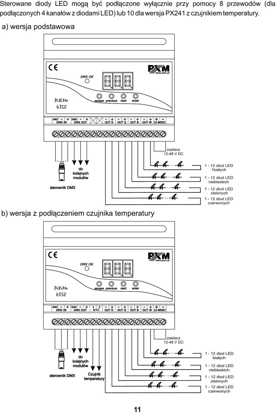 a) wersja podstawowa PiXiMo 4350 zasilacz 12-48 V DC sterownik DMX do kolejnych modułów b) wersja z podłączeniem czujnika temperatury 1-12 diod LED