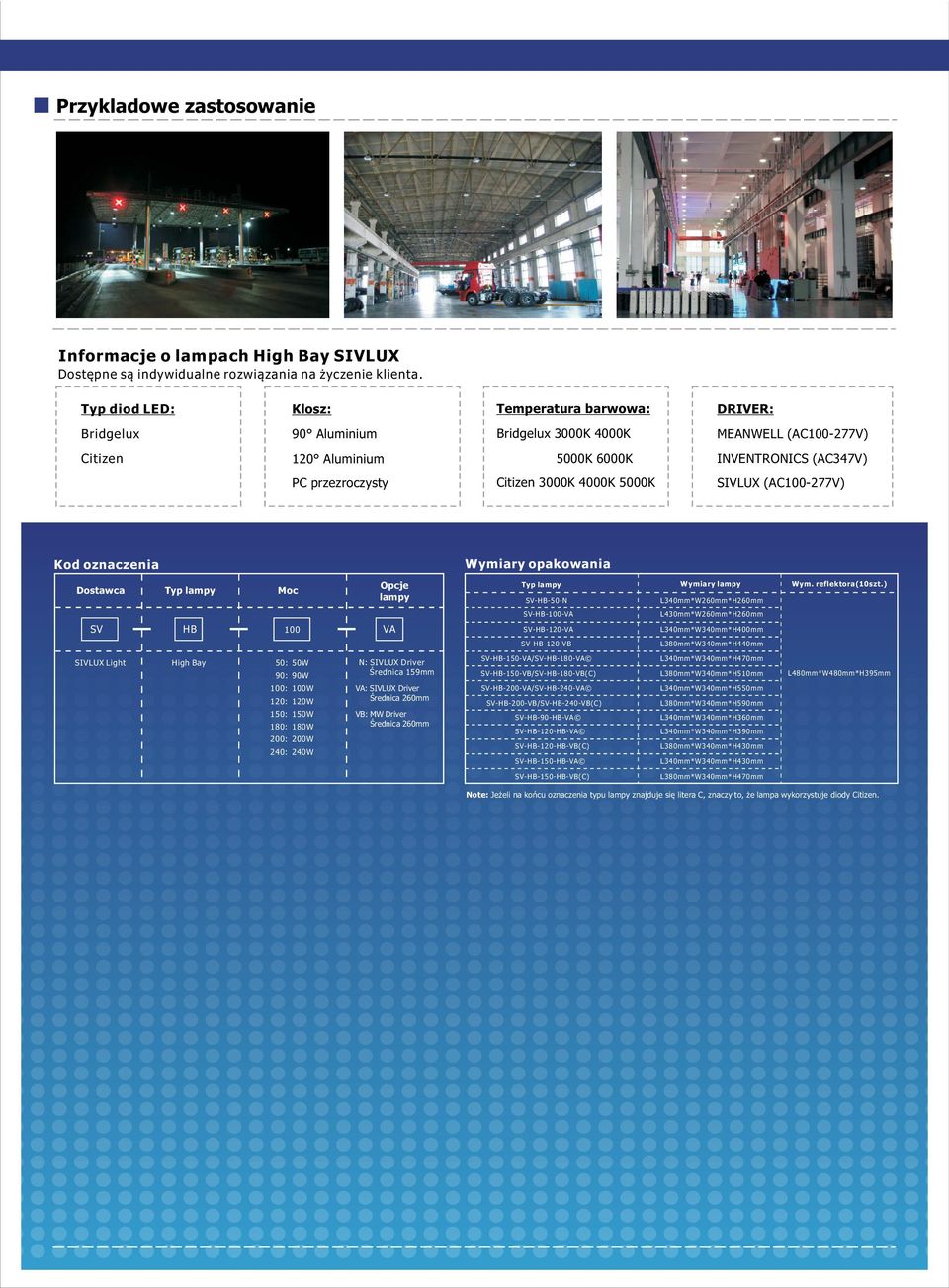 (AC1-277V) Kod oznaczenia Dostawca Typ lampy Moc SV HB 1 SIVLUX Light High Bay 5: 5W 9: 9W 1: 1W 12: 12W 15: 15W 18: 18W 2: 2W 24: 24W Opcje lampy VA N: SIVLUX Driver Œrednica 159mm VA: SIVLUX Driver