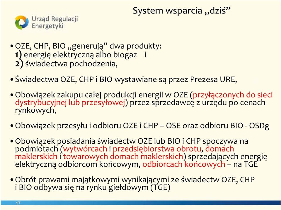 CHP OSE oraz odbioru BIO OSDg Obowiązek posiadania świadectw OZE lub BIO i CHP spoczywa na podmiotach (wytwórcach i przedsiębiorstwa obrotu, domach maklerskich i towarowych domach