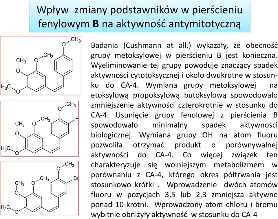 Wymiana grupy metoksylowej na etoksylową propoksylową butoksylową spowodowało zmniejszenie aktywności czterokrotnie w stosunku do CA-4.