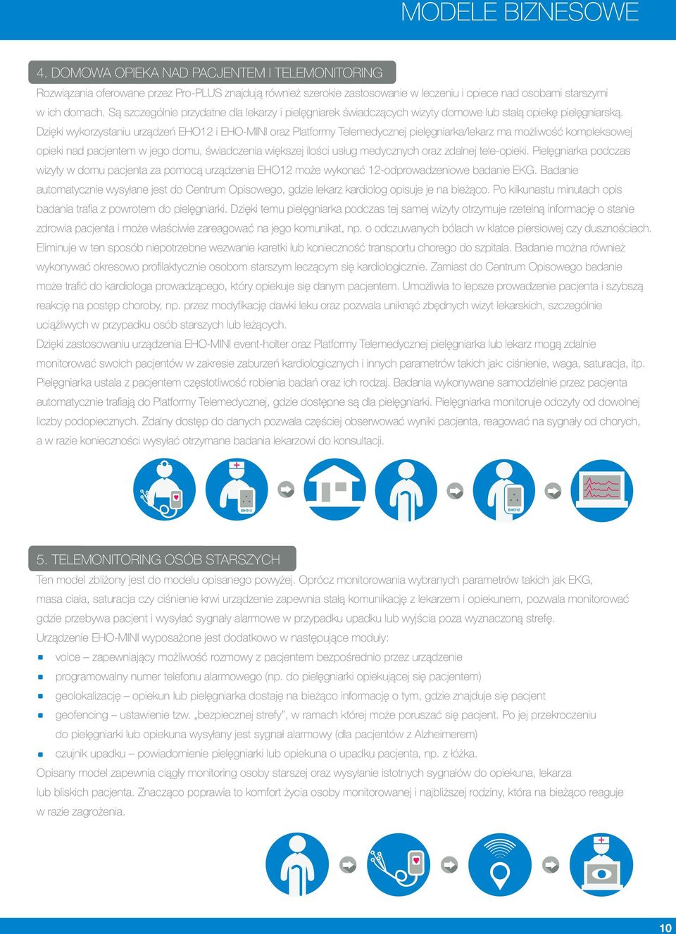 Dzięki wykorzystaniu urządzeń EHO12 i EHO-MINI oraz Platformy Telemedycznej pielęgniarka/lekarz ma możliwość kompleksowej opieki nad pacjentem w jego domu, świadczenia większej ilości usług