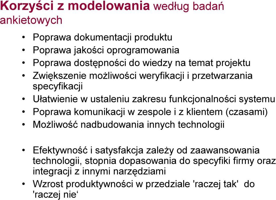 komunikacji w zespole i z klientem (czasami) Możliwość nadbudowania innych technologii Efektywność i satysfakcja zależy od zaawansowania