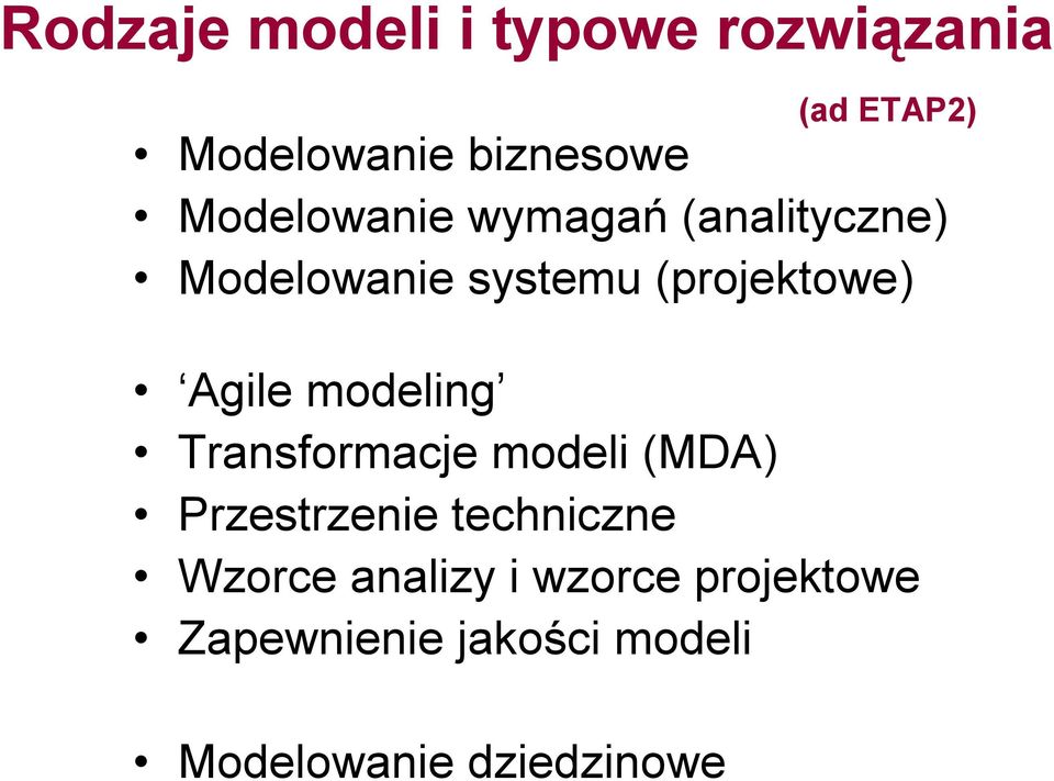 Agile modeling Transformacje modeli (MDA) Przestrzenie techniczne