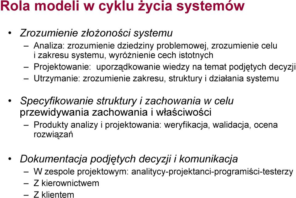 systemu Specyfikowanie struktury i zachowania w celu przewidywania zachowania i właściwości Produkty analizy i projektowania: weryfikacja,