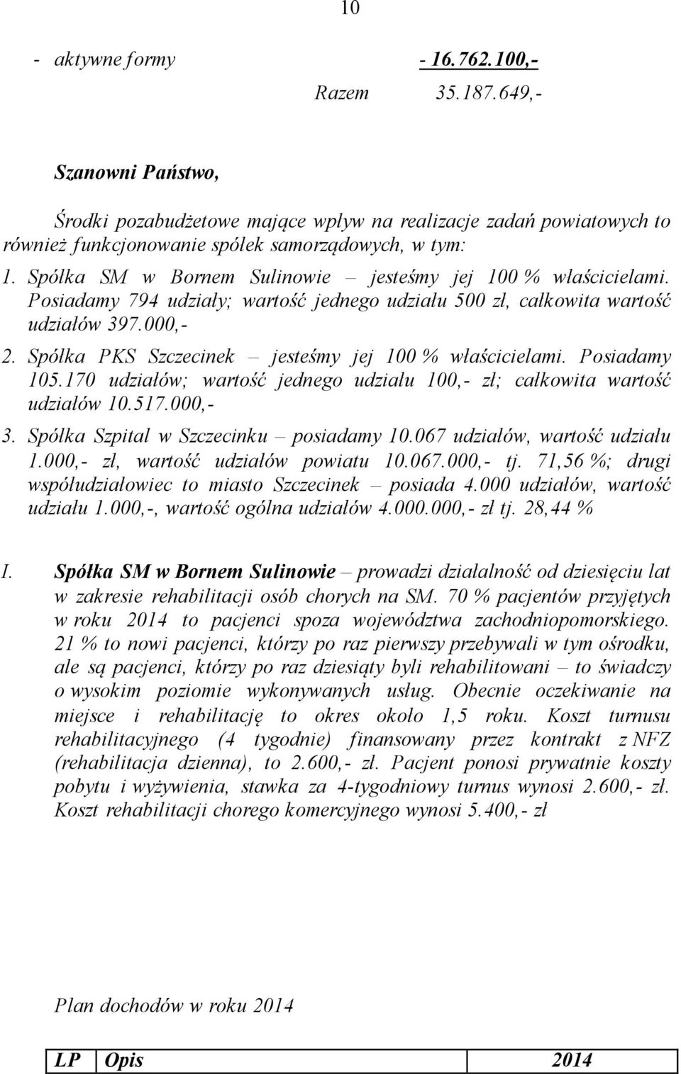 Spółka PKS Szczecinek jesteśmy jej 100 % właścicielami. Posiadamy 105.170 udziałów; wartość jednego udziału 100,- zł; całkowita wartość udziałów 10.517.000,- 3.