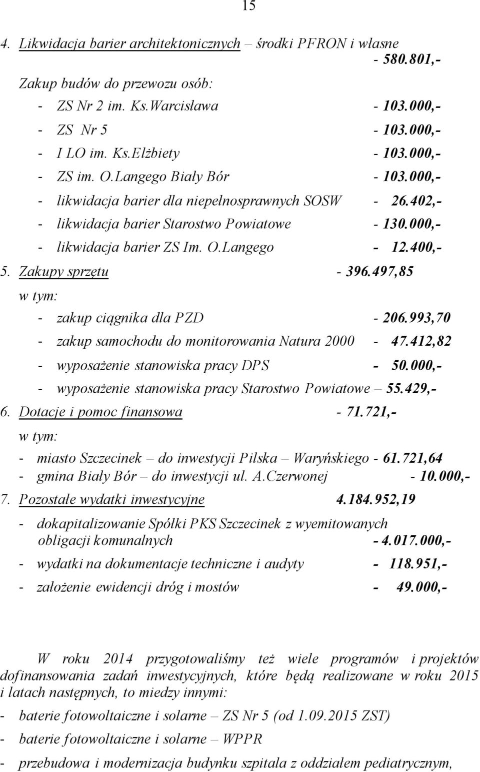 400,- 5. Zakupy sprzętu - 396.497,85 w tym: - zakup ciągnika dla PZD - 206.993,70 - zakup samochodu do monitorowania Natura 2000-47.412,82 - wyposażenie stanowiska pracy DPS - 50.