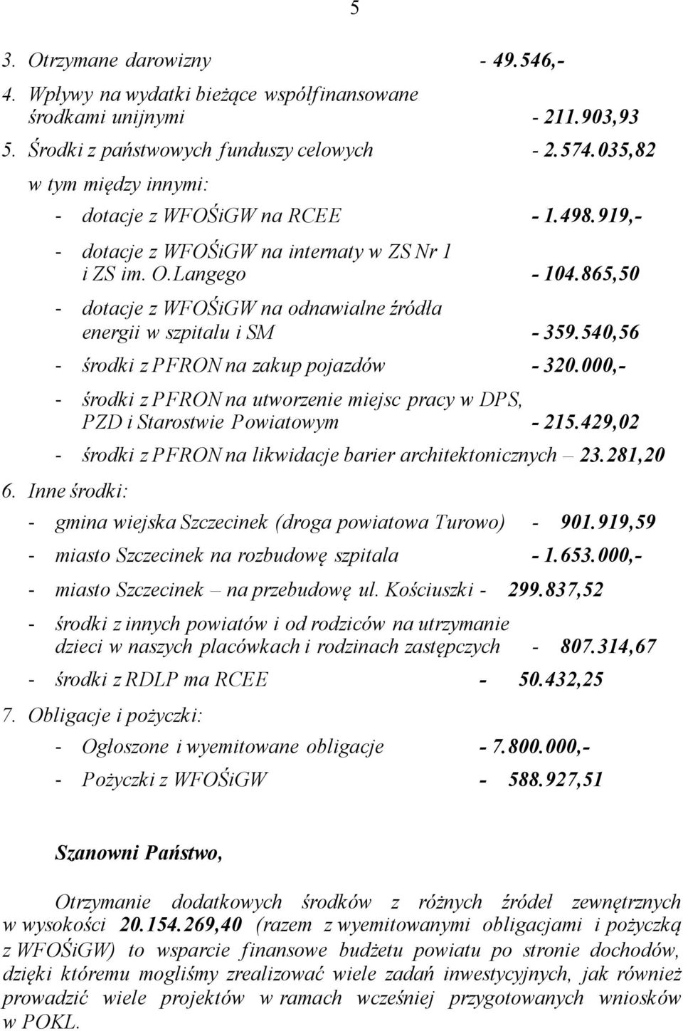 865,50 - dotacje z WFOŚiGW na odnawialne źródła energii w szpitalu i SM - 359.540,56 - środki z PFRON na zakup pojazdów - 320.