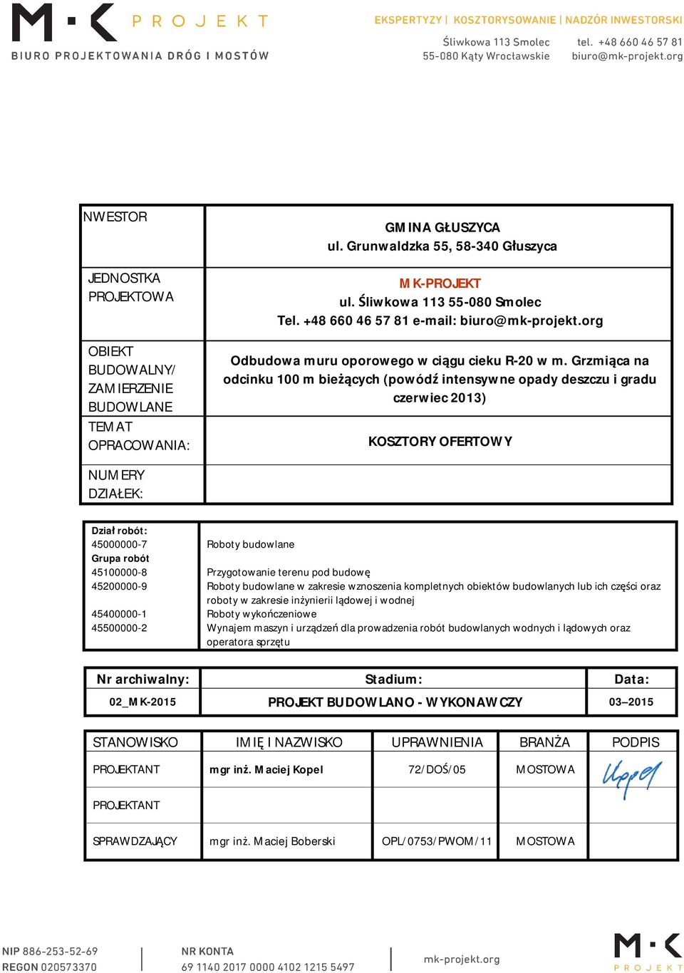 Grzmi ca na odcinku 100 m bie cych (powód intensywne opady deszczu i gradu czerwiec 2013) KOSZTORY OFERTOWY NUMERY DZIA EK: Dzia robót: 45000000-7 Grupa robót 45100000-8 45200000-9 45400000-1