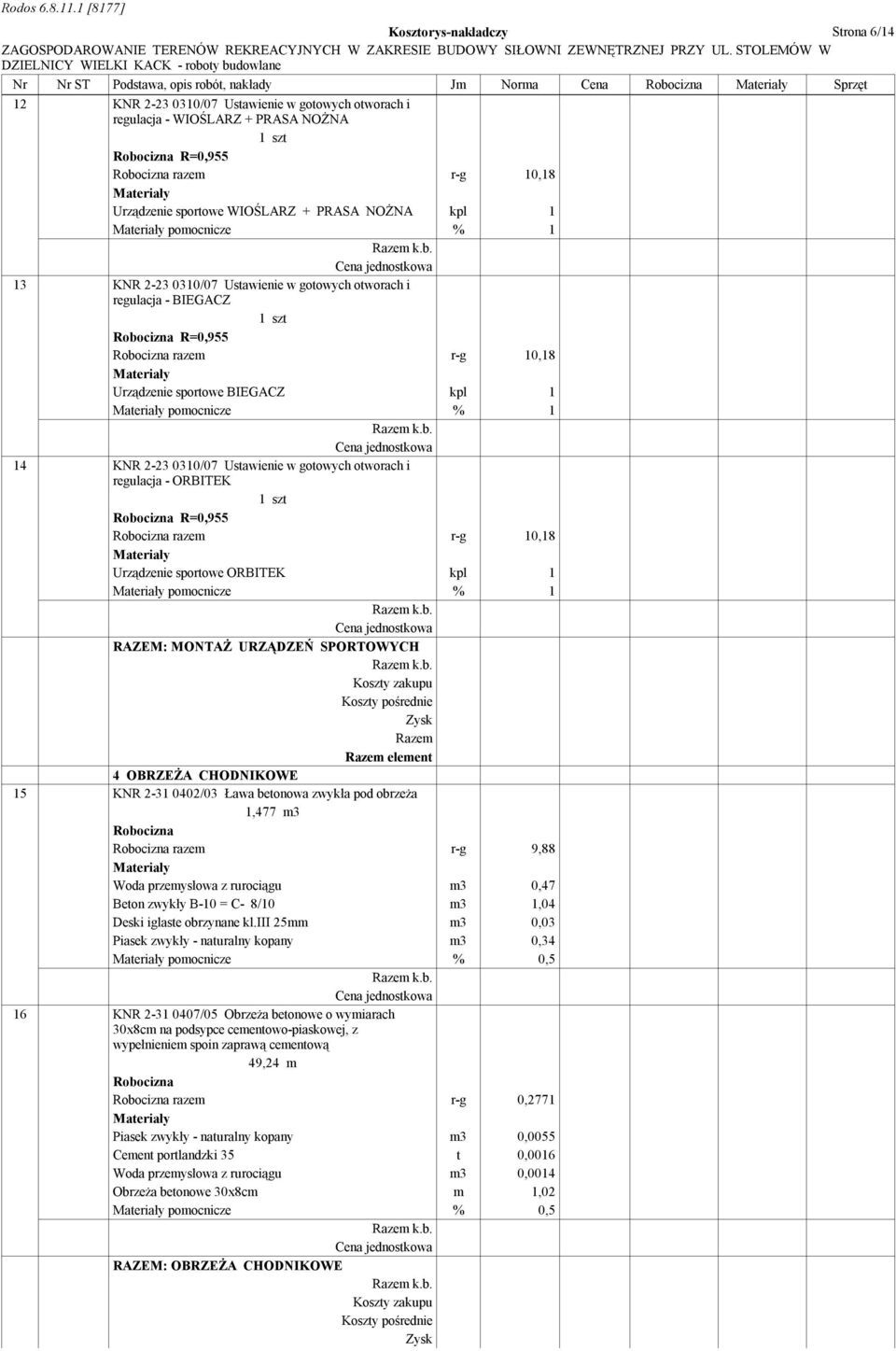 pomocnicze % 1 14 KNR 2-23 Ustawienie w gotowych otworach i regulacja - ORBITEK 1 szt R=0,955 razem r-g 10,18 Urządzenie sportowe ORBITEK kpl 1 pomocnicze % 1 RAZEM: MONTAŻ URZĄDZEŃ SPORTOWYCH