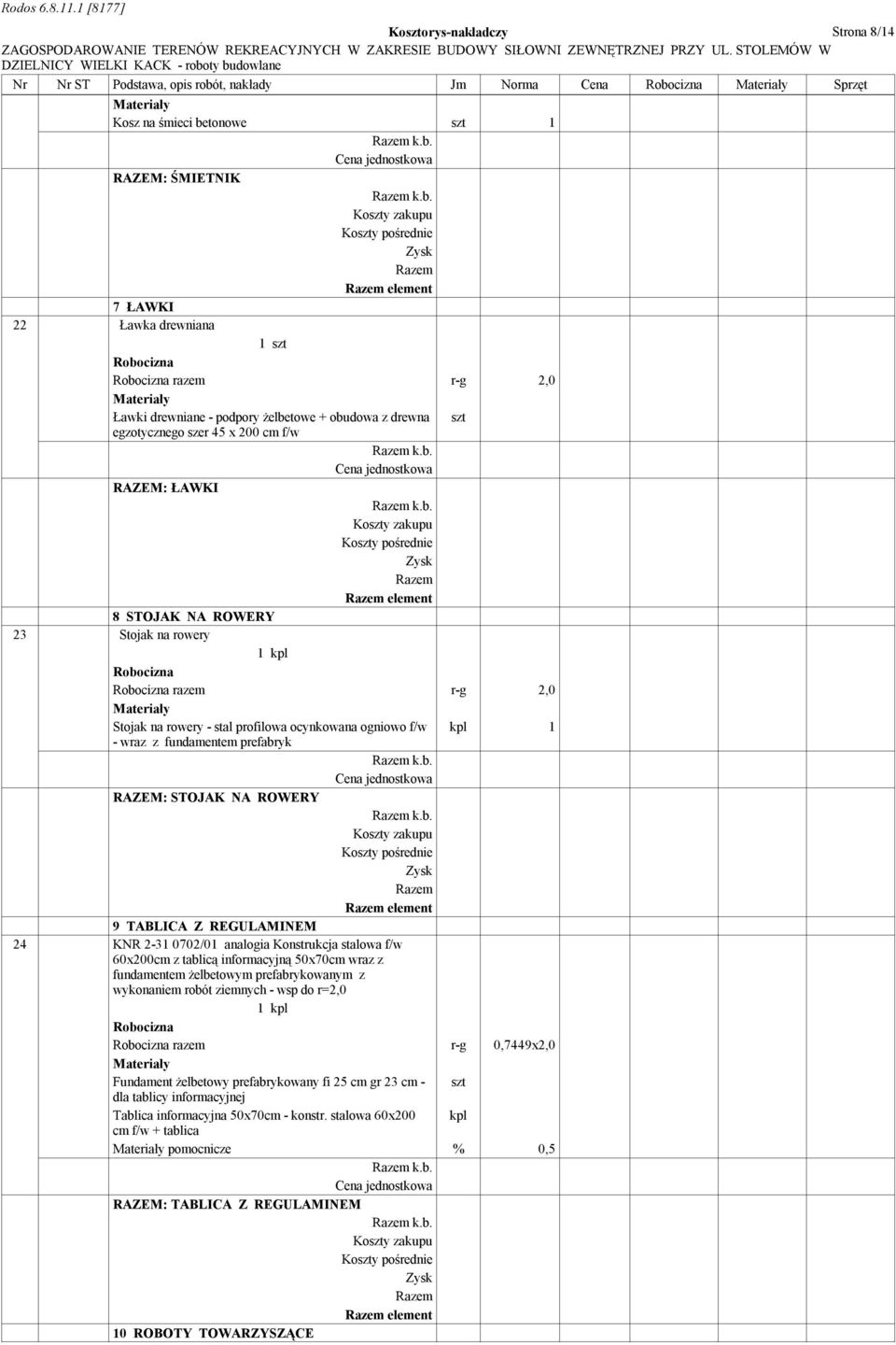 profilowa ocynkowana ogniowo f/w kpl 1 - wraz z fundamentem prefabryk RAZEM: STOJAK NA ROWERY element 9 TABLICA Z REGULAMINEM 24 KNR 2-31 0702/01 analogia Konstrukcja stalowa f/w 60x200cm z tablicą