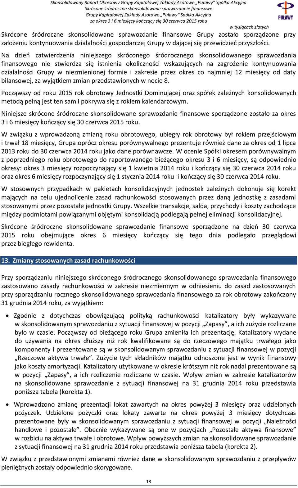 Na dzień zatwierdzenia niniejszego skróconego śródrocznego skonsolidowanego sprawozdania finansowego nie stwierdza się istnienia okoliczności wskazujących na zagrożenie kontynuowania działalności