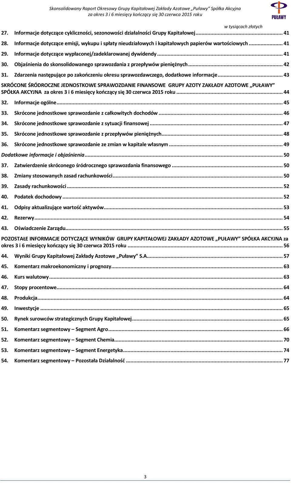 Zdarzenia następujące po zakończeniu okresu sprawozdawczego, dodatkowe informacje... 43 SKRÓCONE ŚRÓDROCZNE JEDNOSTKOWE SPRAWOZDANIE FINANSOWE GRUPY AZOTY ZAKŁADY AZOTOWE PUŁAWY SPÓŁKA AKCYJNA... 44 32.