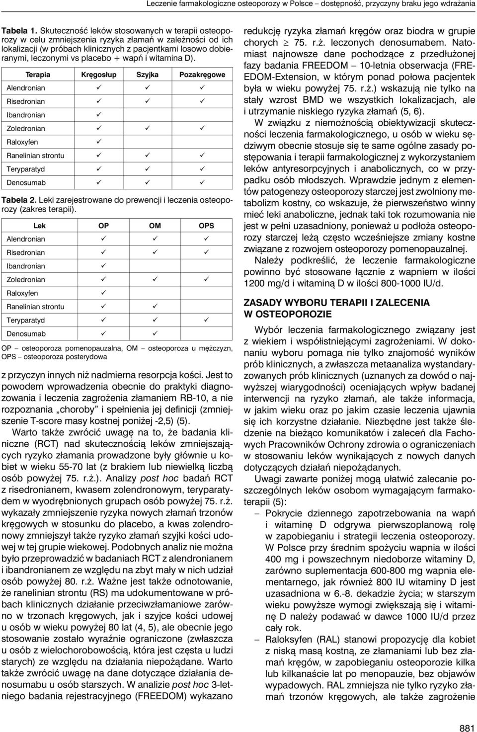 wapń i witamina D). Terapia Kręgosłup Szyjka Pozakręgowe Alendronian Risedronian Ibandronian Zoledronian Raloxyfen Ranelinian strontu Teryparatyd Denosumab Tabela 2.