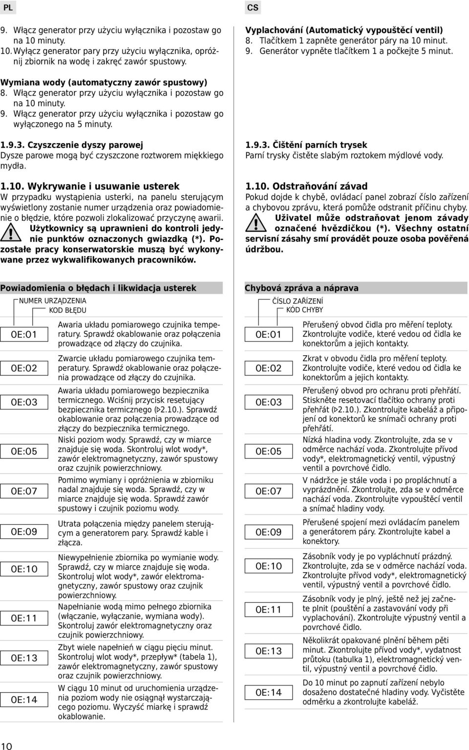 Włącz generator przy użyciu wyłącznika i pozostaw go na 10 minuty. 9. Włącz generator przy użyciu wyłącznika i pozostaw go wyłączonego na 5 minuty. 1.9.. Czyszczenie dyszy parowej Dysze parowe mogą być czyszczone roztworem miękkiego mydła.