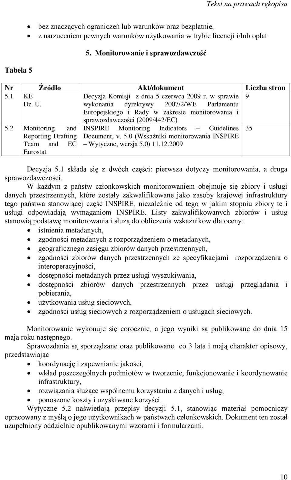 2 Monitoring and Reporting Drafting Team and EC Eurostat sprawozdawczości (2009/442/EC) INSPIRE Monitoring Indicators Guidelines Document, v. 5.0 (Wskaźniki monitorowania INSPIRE Wytyczne, wersja 5.