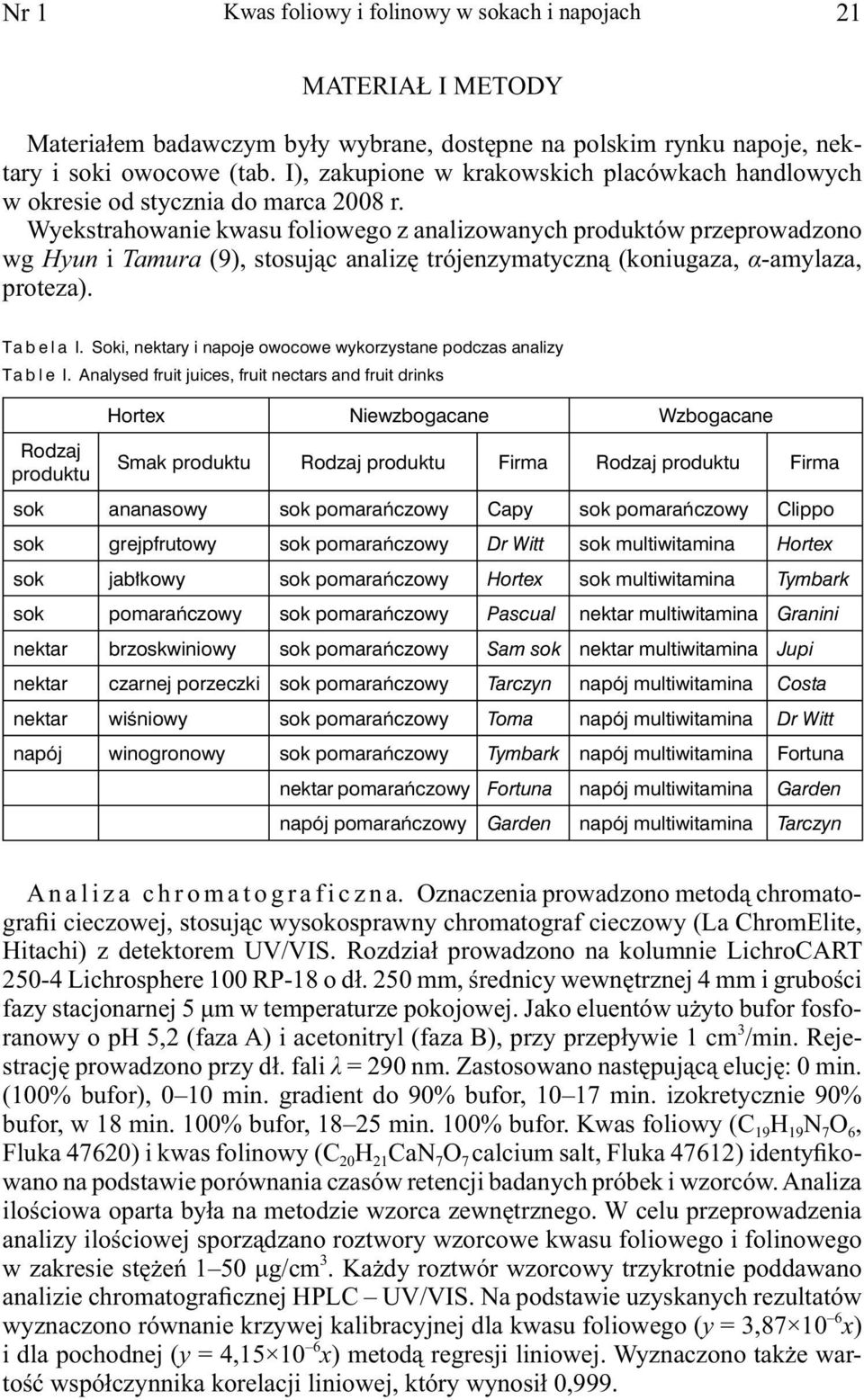 Wyekstrahowanie kwasu foliowego z analizowanych produktów przeprowadzono wg Hyun i Tamura (9), stosując analizę trójenzymatyczną (koniugaza, α-amylaza, proteza). Tabela I.