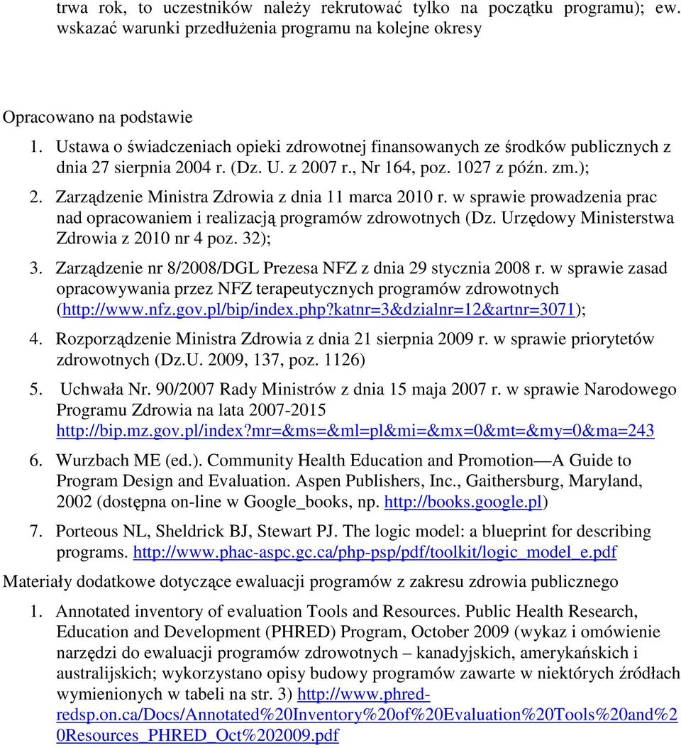 Zarządzenie Ministra Zdrowia z dnia 11 marca 2010 r. w sprawie prowadzenia prac nad opracowaniem i realizacją programów zdrowotnych (Dz. Urzędowy Ministerstwa Zdrowia z 2010 nr 4 poz. 32); 3.