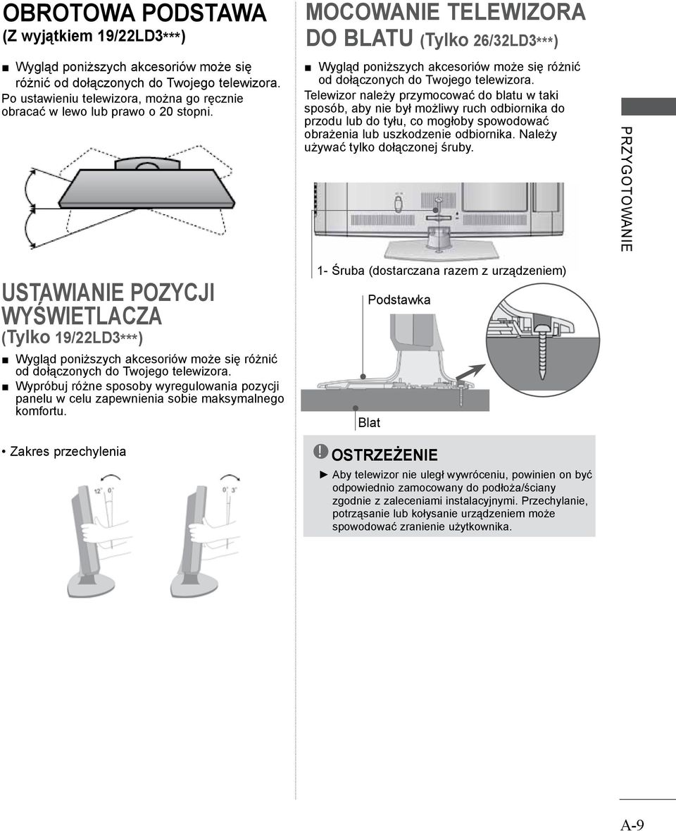 MOCOWANIE TELEWIZORA DO BLATU (Tylko 6/LD***) Wygląd poniższych akcesoriów może się różnić od dołączonych do Twojego telewizora.