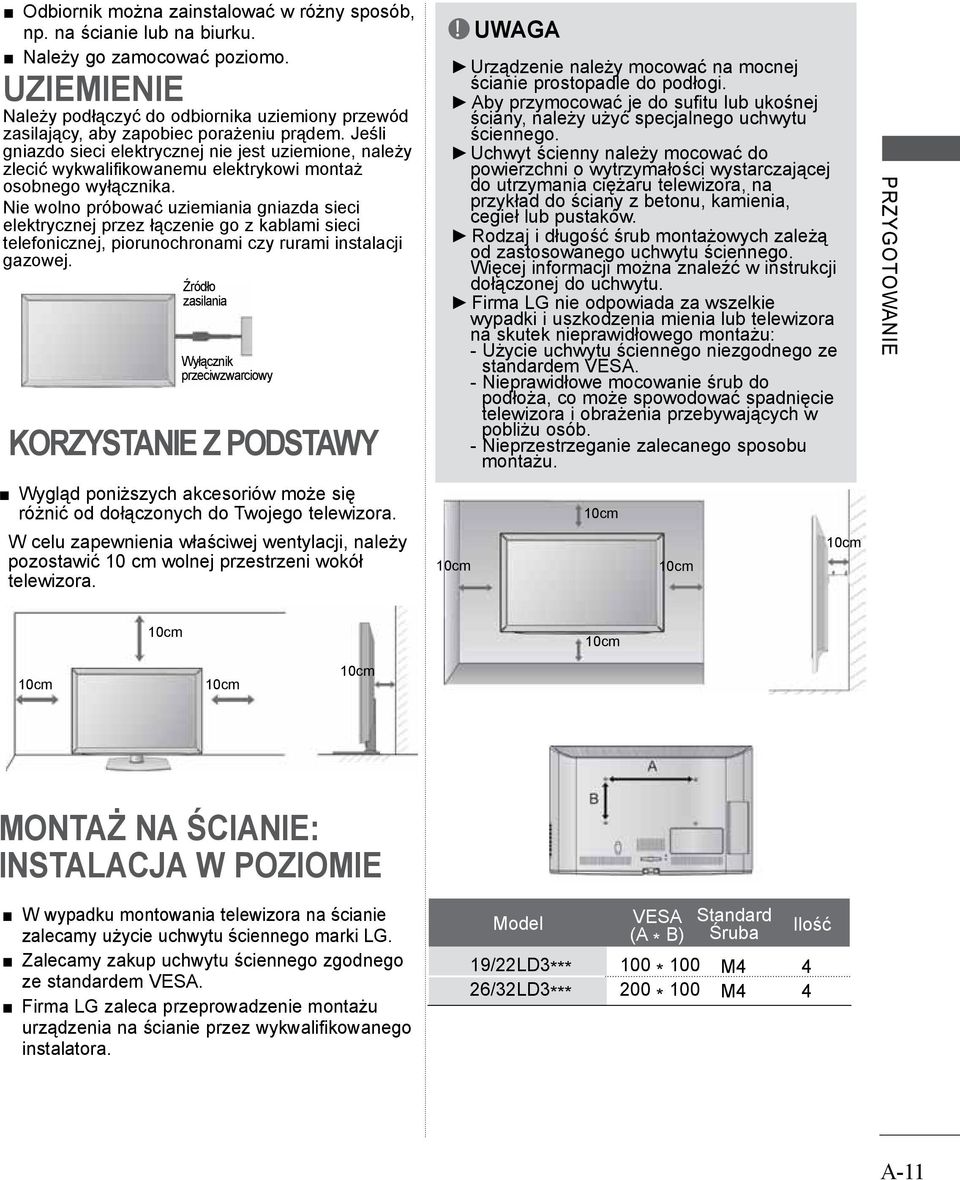 Jeśli gniazdo sieci elektrycznej nie jest uziemione, należy zlecić wykwalifikowanemu elektrykowi montaż osobnego wyłącznika.