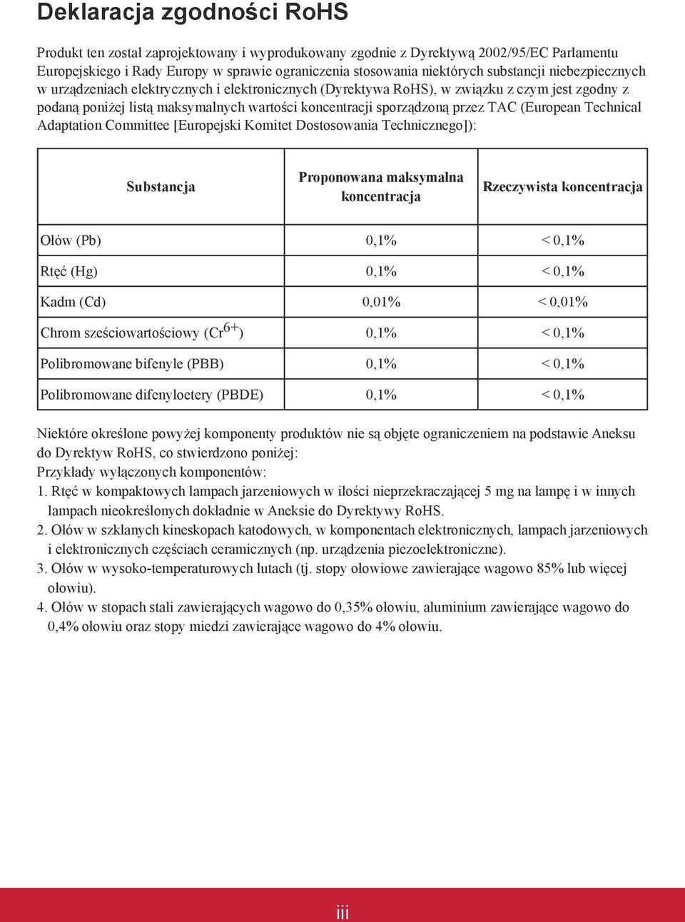 TAC (European Technical Adaptation Committee [Europejski Komitet Dostosowania Technicznego]): Substancja Proponowana maksymalna koncentracja Rzeczywista koncentracja Ołów (Pb) 0,1% < 0,1% Rtęć (Hg)