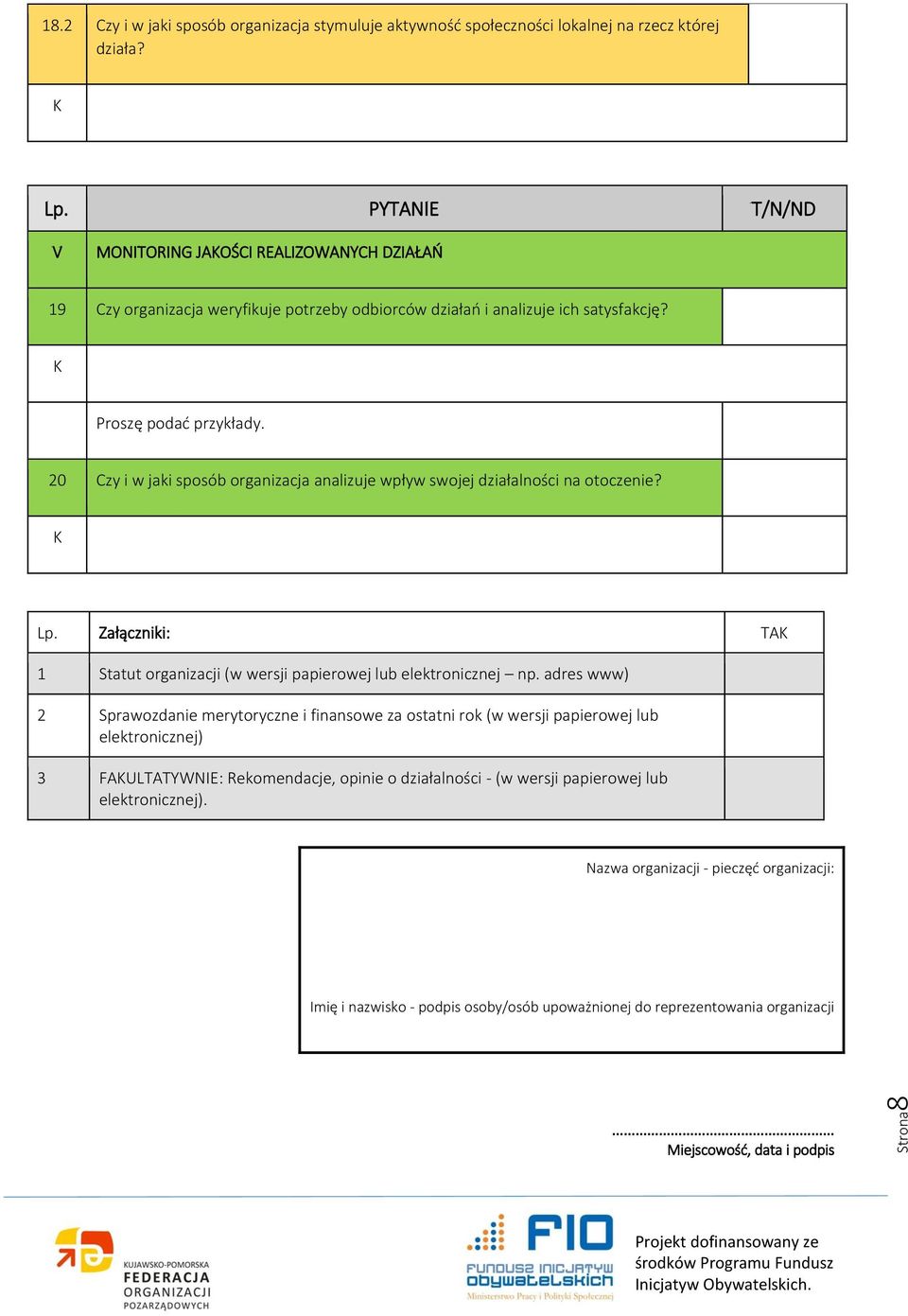 20 Czy i w jaki sposób organizacja analizuje wpływ swojej działalności na otoczenie? Lp. Załączniki: TA 1 Statut organizacji (w wersji papierowej lub elektronicznej np.