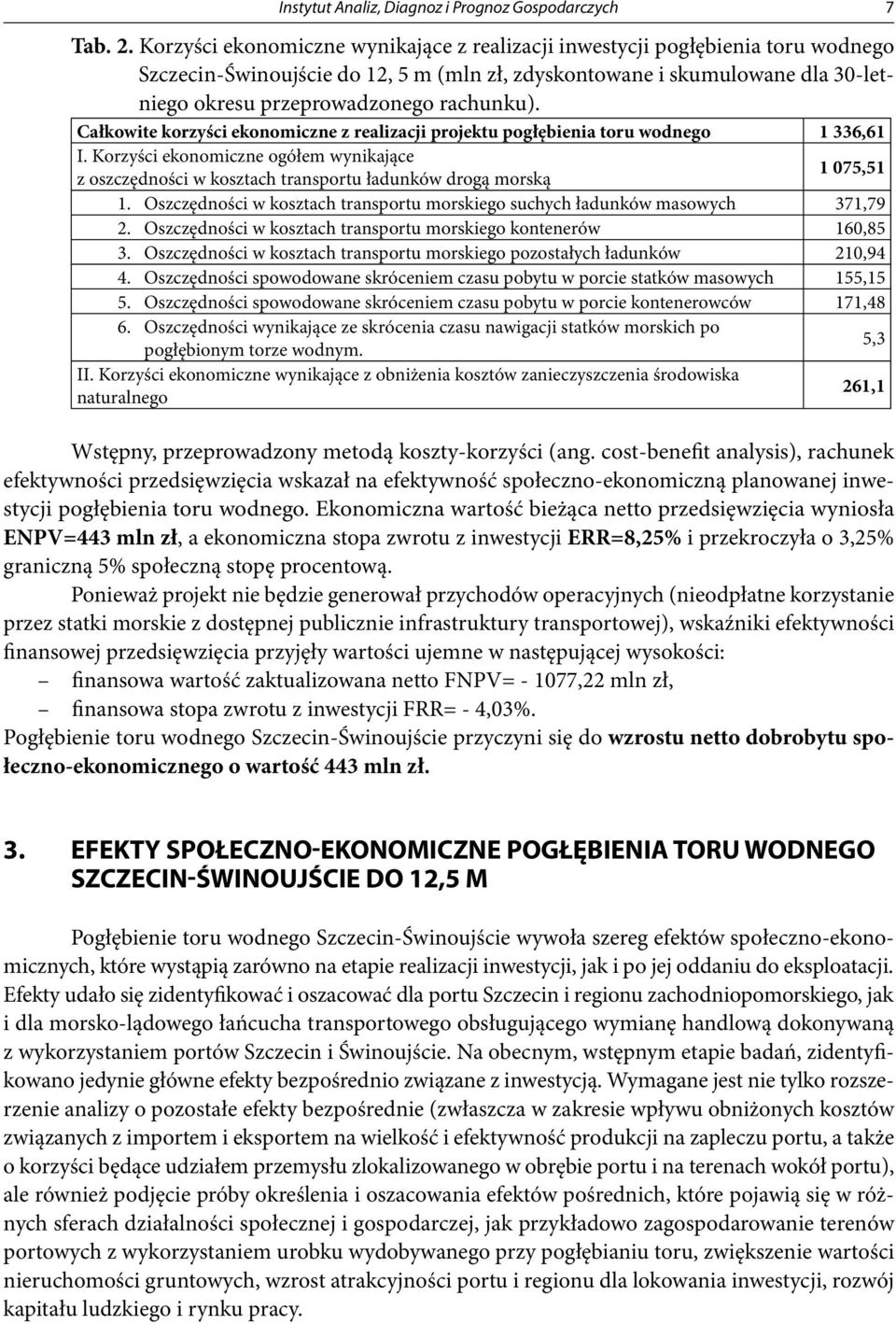 Całkowite korzyści ekonomiczne z realizacji projektu pogłębienia toru wodnego 1 336,61 I. Korzyści ekonomiczne ogółem wynikające z oszczędności w kosztach transportu ładunków drogą morską 1 075,51 1.