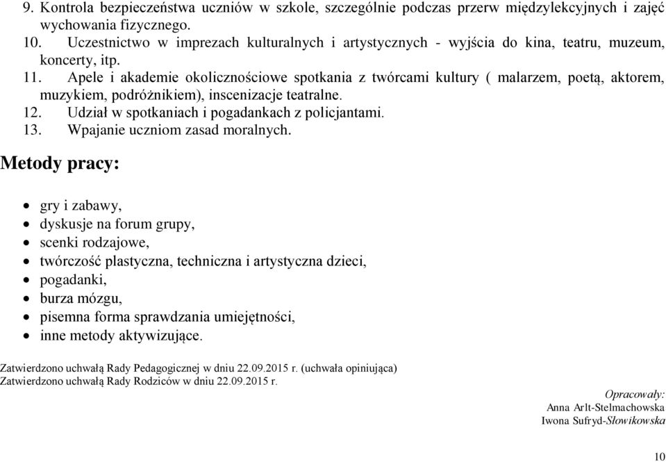 Apele i akademie okolicznościowe spotkania z twórcami kultury ( malarzem, poetą, aktorem, muzykiem, podróżnikiem), inscenizacje teatralne. 12. Udział w spotkaniach i pogadankach z policjantami. 13.