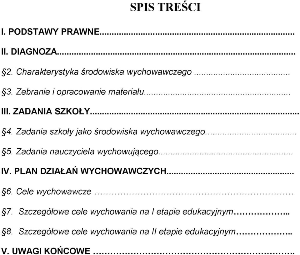 .. 5. Zadania nauczyciela wychowującego... IV. PLAN DZIAŁAŃ WYCHOWAWCZYCH... 6. Cele wychowawcze 7.