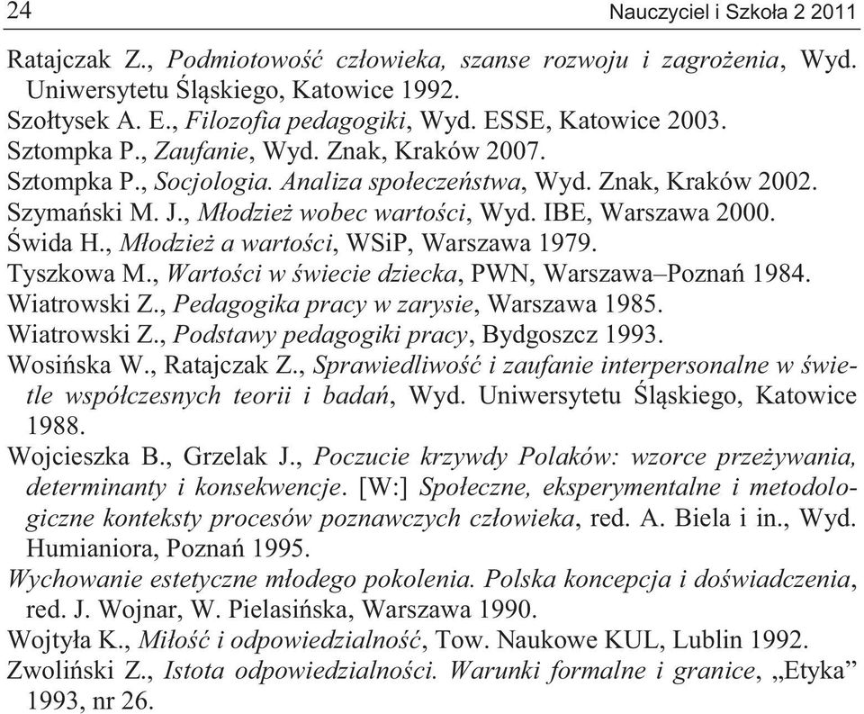 IBE, Warszawa 2000. Świda H., Młodzież a wartości, WSiP, Warszawa 1979. Tyszkowa M., Wartości w świecie dziecka, PWN, Warszawa Poznań 1984. Wiatrowski Z., Pedagogika pracy w zarysie, Warszawa 1985.