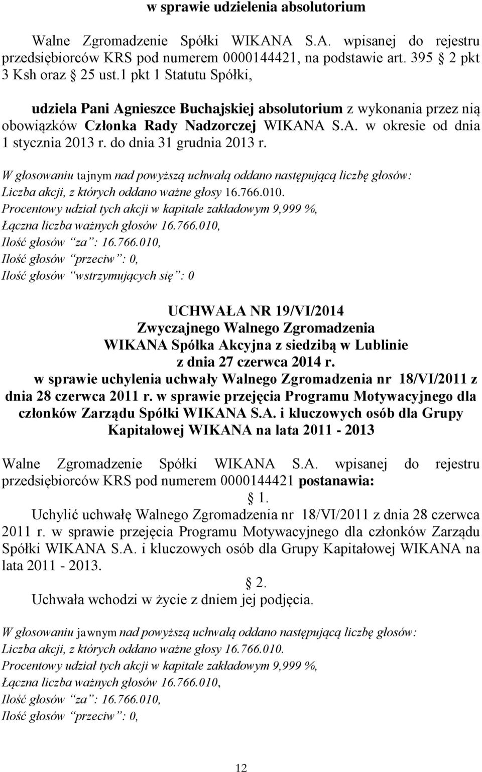 w sprawie przejęcia Programu Motywacyjnego dla członków Zarządu Spółki WIKANA S.A. i kluczowych osób dla Grupy Kapitałowej WIKANA na lata 2011-2013 przedsiębiorców KRS pod numerem 0000144421 postanawia: 1.