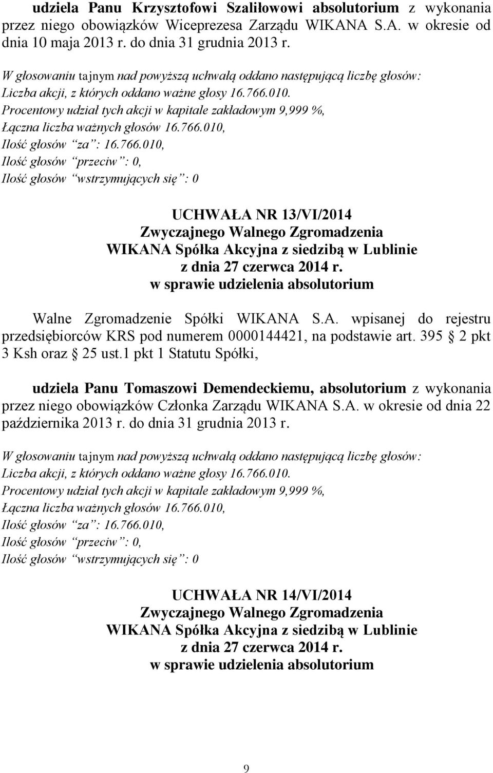 UCHWAŁA NR 13/VI/2014 w sprawie udzielenia absolutorium udziela Panu Tomaszowi Demendeckiemu, absolutorium z wykonania