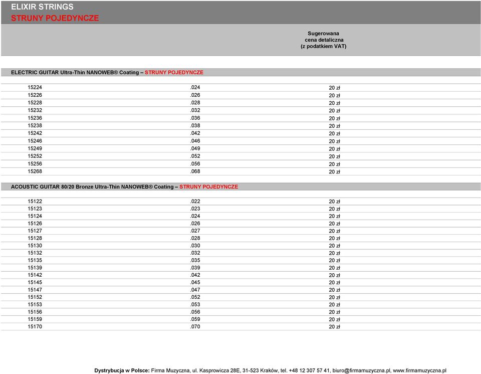 068 20 zł ACOUSTIC GUITAR 80/20 Bronze Ultra-Thin NANOWEB Coating STRUNY POJEDYNCZE 15122.022 20 zł 15123.023 20 zł 15124.024 20 zł 15126.026 20 zł 15127.