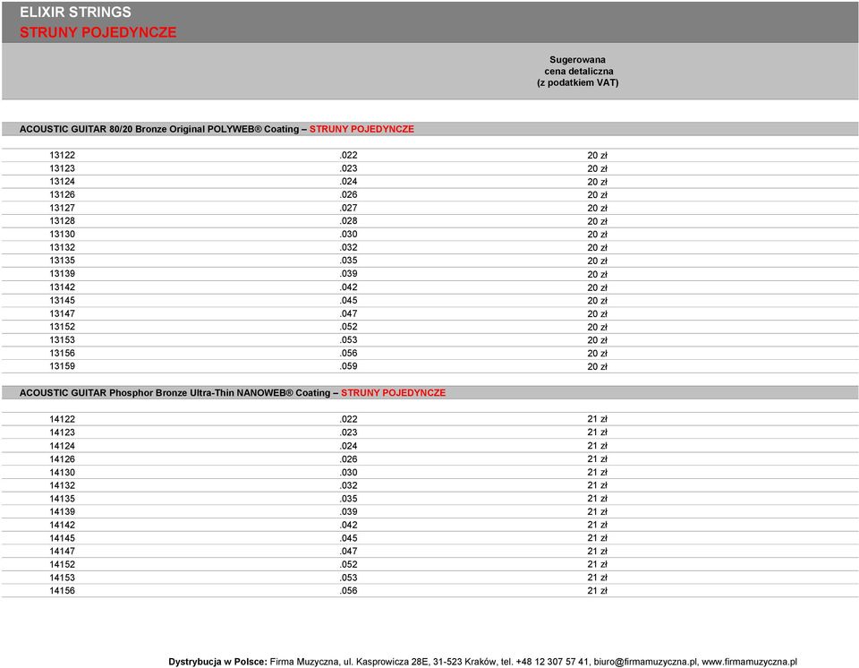 052 20 zł 13153.053 20 zł 13156.056 20 zł 13159.059 20 zł ACOUSTIC GUITAR Phosphor Bronze Ultra-Thin NANOWEB Coating STRUNY POJEDYNCZE 14122.022 21 zł 14123.