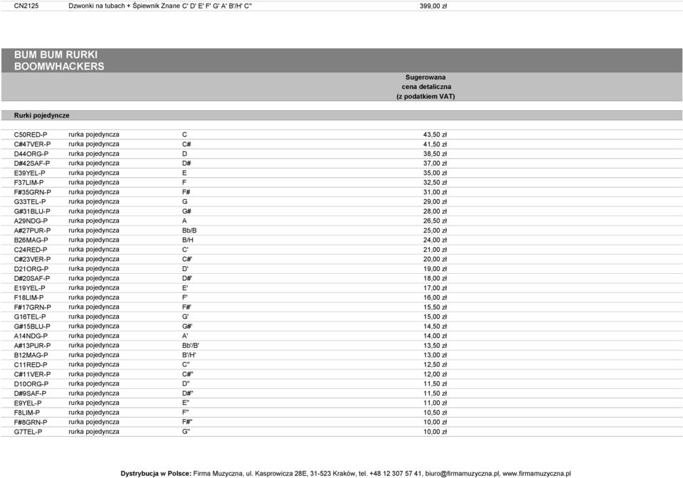 G33TEL-P rurka pojedyncza G 29,00 zł G#31BLU-P rurka pojedyncza G# 28,00 zł A29NDG-P rurka pojedyncza A 26,50 zł A#27PUR-P rurka pojedyncza Bb/B 25,00 zł B26MAG-P rurka pojedyncza B/H 24,00 zł