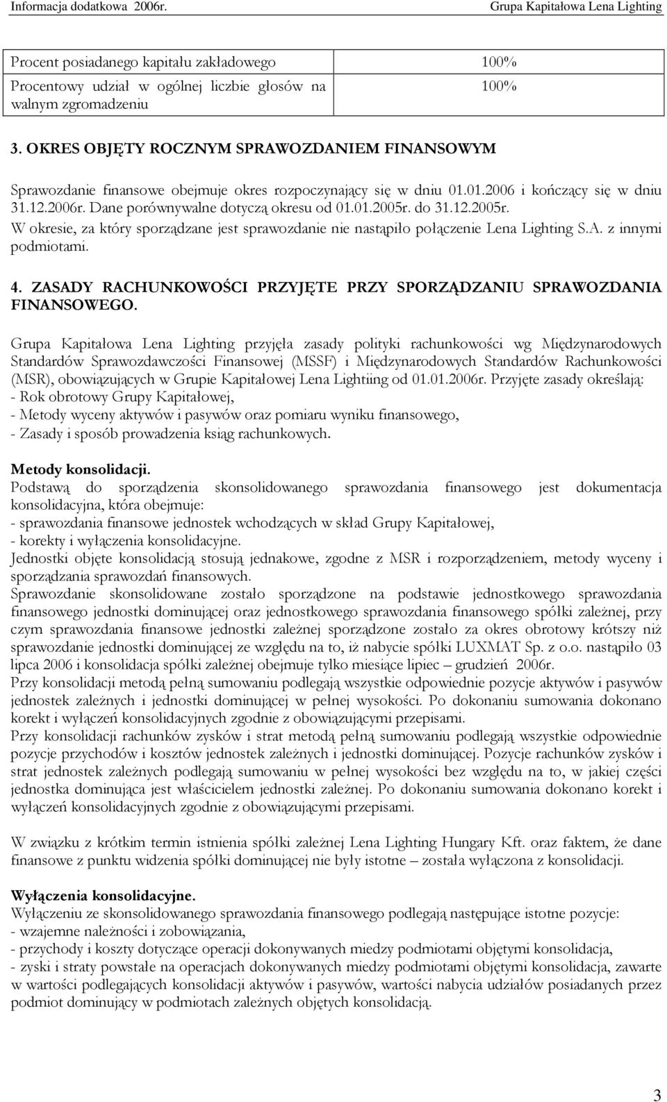 do 31.12.2005r. W okresie, za który sporządzane jest sprawozdanie nie nastąpiło połączenie Lena Lighting S.A. z innymi podmiotami. 4.